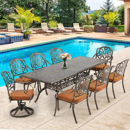 [Hi-End]9-Piece Outdoor Dining Set All Aluminum Patio Table and Chairs Set with 2 Swivel Chair & 6 Patio Chair Outdoor Dining Table Set for 8 Include 86.6’’ Rectangular Patio Table with Umbrella Hole