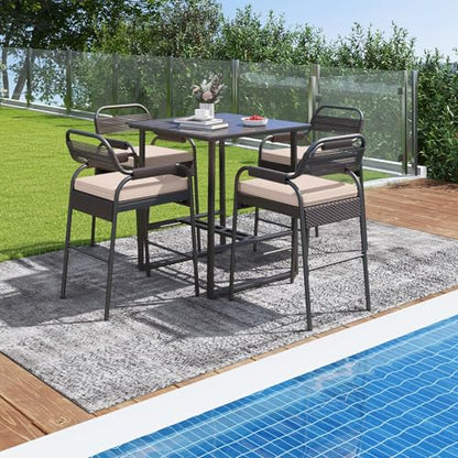 Tangkula 5-Piece Patio Rattan Bar Set, Counter Height Square Table with 4 Wicker Counter Stools, All-Weather Tabletop, Cushioned Outside Dining Set for Poolside, Backyard (Brown)