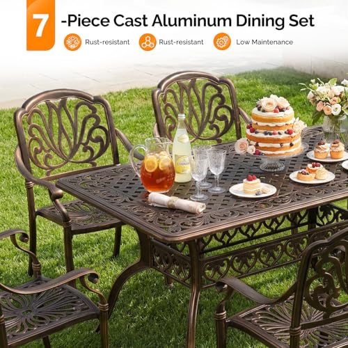 VINGLI 7-Piece Outdoor Dining Set, Cast Aluminum Patio Furniture Set for 6 with Umbrella Hole, Rectangular Outdoor Dining Table & 6 Stackable Chairs, All-Weather Garden/Poolside Dining Set Bronze