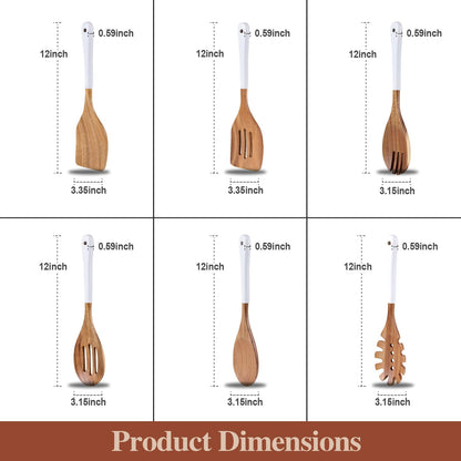 ROSOS Wooden Spoons For Cooking, 6 Pieces Natural Acacia Wooden Cooking Utensils or Non-Stick Wood Kitchen Utensil Set for Kitchen Essentials, Wooden Cooking Utensils Set with Hanging Hole, White