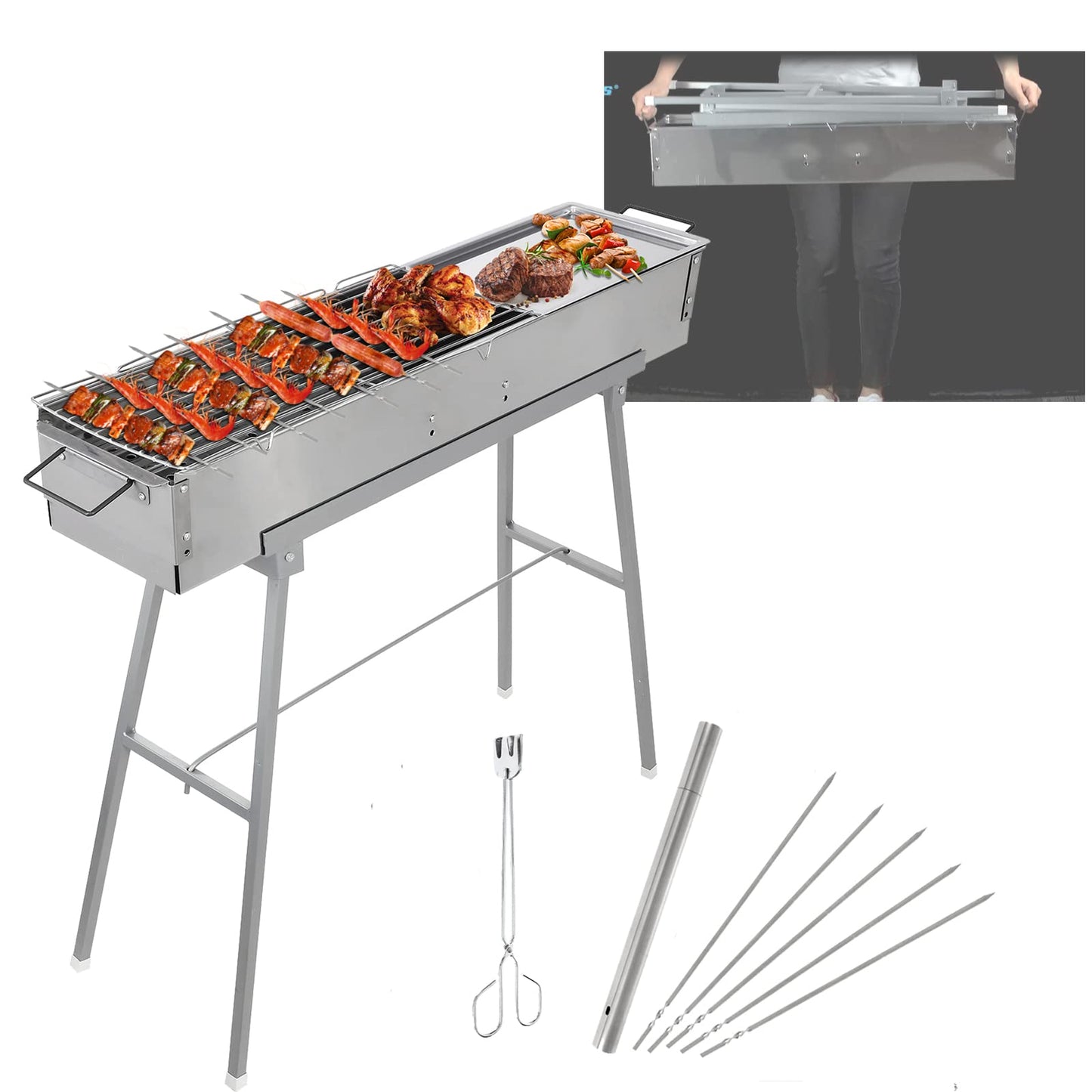 IRONWALLS Portable Charcoal Grills, L 32” x W 8” x H 31” Stainless Steel Folding Yakitori Grill with 25PCS 15” Kebab Skewers for Backyard Barbecue Outdoor Cooking Camping Hiking Picnic