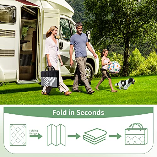 GENIMO Outdoor Rug 9' x 12' Waterproof for Patios Clearance, Reversible Outdoor Plastic Straw Camping Rug Carpet with LED String Light, Area Rugs Mats for RV, Camper, Deck, Balcony, Porch, Grey&White