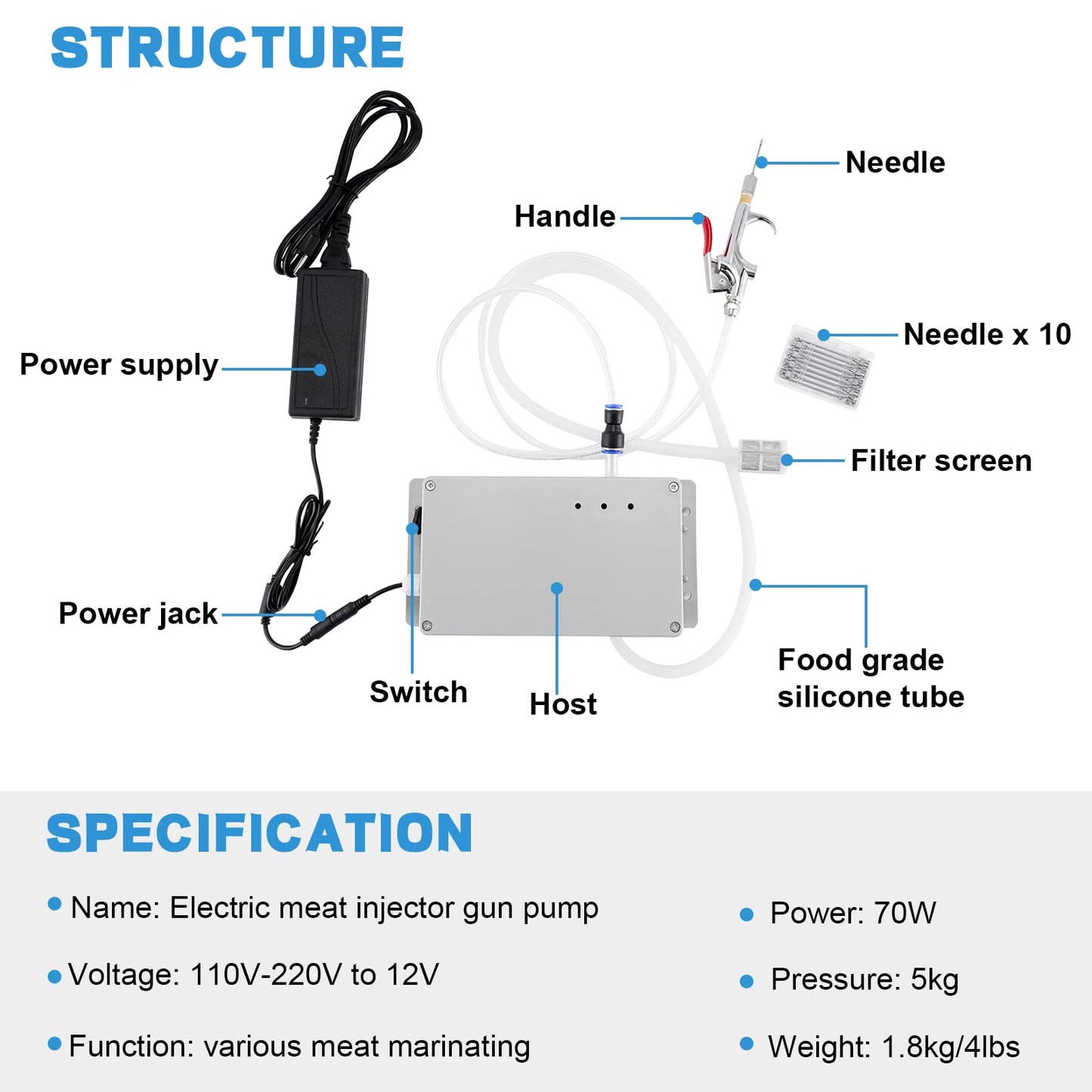 Electric Meat Injector Gun Pump with Hose - 70W Stainless Steel Marinade Injector Syringe, 10 Needles for BBQ, Turkey, Pork, Beef - Perfect for Home Grilling, Family Parties & Outdoor Cooking