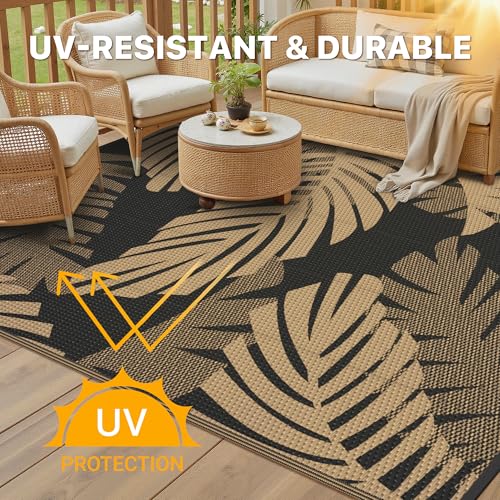 GENIMO Waterproof Outdoor Rug 5' x 8' for Patio Decor, Reversible Plastic Straw Area Rugs for Camping Clearance, RV Mat, Large Outside Carpet for Porch, Deck, Picni, Balcony, Garden, Black & Brown