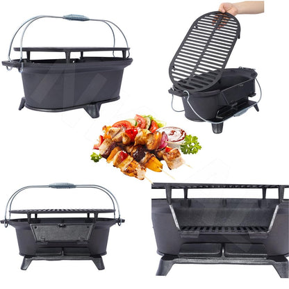 Outdoor Cast Iron Hibachi Grill & Skillet Combo, Premium Portable Hibachi Charcoal Grill, Bbq Cooker for Camping, Tailgating & Patio Grilling, Compact Tabletop Skillet, Must Haves 2025 (Oval)