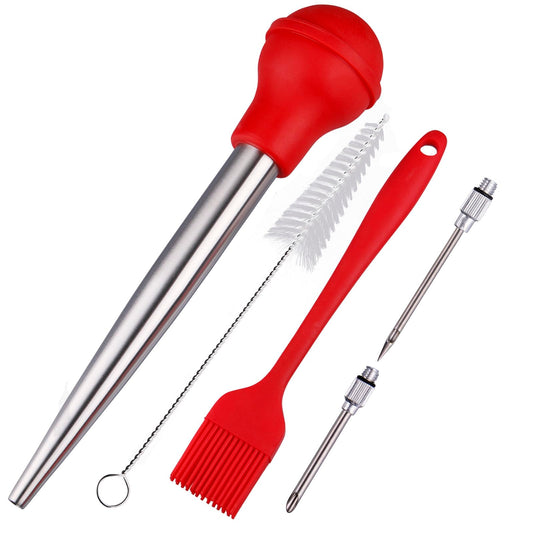 Kalsreui Turkey Baster, 18/8 Stainless Steel Turkey Baster Syringe for Cooking, Meat Injector Baster Set with 2 Needles & 2 Cleaning Basting Brush, Baster for Flavor Meat Poultry, Beef&Chicken Red