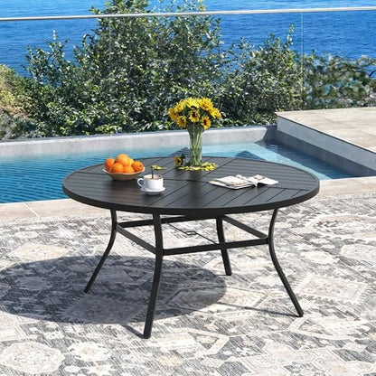 DIFY 7 Pieces Outdoor Patio Dining Set for 6, 50" Black Round Metal Dining Table and 6 Brown Stackable Sling Dining Chairs, Outdoor Table and Chairs for Lawn Garden Backyard Deck