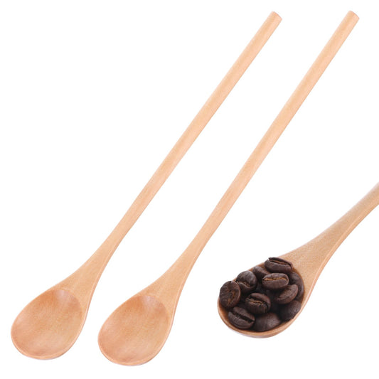 Gjinxi 2Pcs Natural Wood Long Handle Spoons, Wooden Tasting Spoon, Birch Handcraft from Teak, Mixing Honey Spoon for Coffee, Tea, Milkshake Kitchen Stirring
