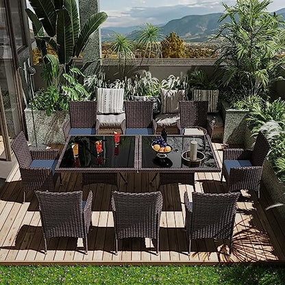 ASJMR 10 Pieces Dining Sets for 8 with Rattan Dining Set Chairs x8 and Square Table Glass Topx2 with Umbrella Cutout, Outdoor and Indoor Set-Navy
