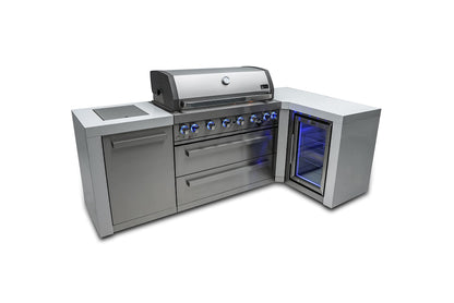 Mont Alpi MAi805-D90FC 44-inch 6-Burner 115000 BTU 90 Degree Corner Deluxe Stainless Steel Gas Outdoor Barbecue Island Grill w/Lockable Compact Refrigerator + Infrared Side Burner + Rotisserie Kit