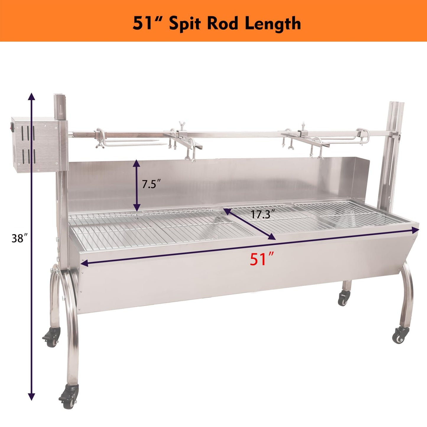 DEWOSEN 50W Rotisserie Grill With Wind Screen - 51 Inch BBQ Outdoor Pig & Lamb Spit Roaster - 132LBS/60KG Stainless Steel Charcoal Spit Rotisserie Grill for Camping & Outdoor Barbecue