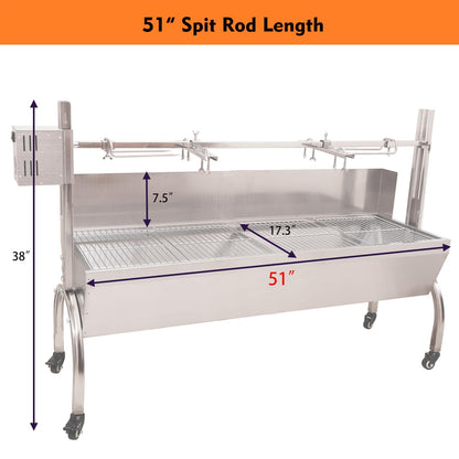 DEWOSEN 50W Rotisserie Grill With Wind Screen - 51 Inch BBQ Outdoor Pig & Lamb Spit Roaster - 132LBS/60KG Stainless Steel Charcoal Spit Rotisserie Grill for Camping & Outdoor Barbecue