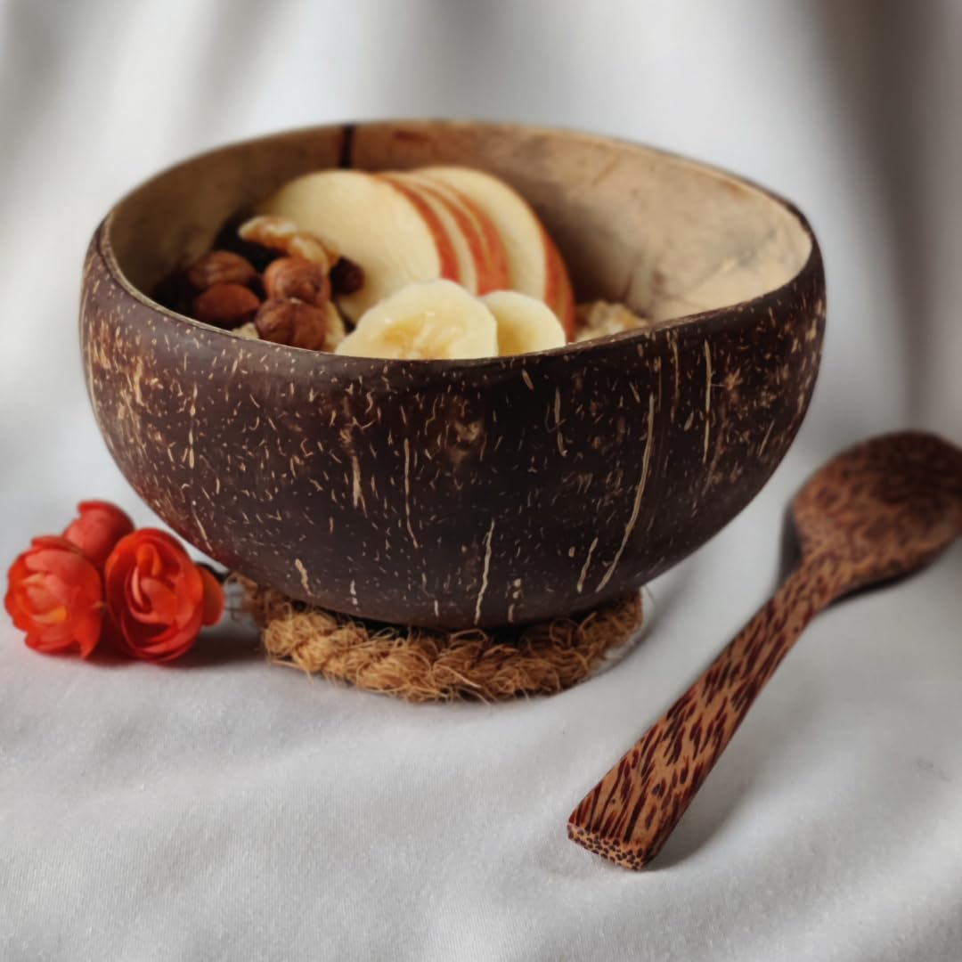 cocovibes 4 Handcrafted Wooden Bowls for Food Coconut Bowl Set with Spoons & Anti-Tip Coconut Rings perfect for Smoothie Bowls, Yogurt or Cereals