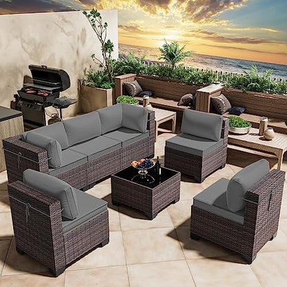 RTDTD 7 Pieces Outdoor Patio Furniture Set,Outdoor Sectional Furniture All Weather PE Rattan Wicker Patio Conversation Set with Coffee Table and 6 Thickened Cushions,Grey