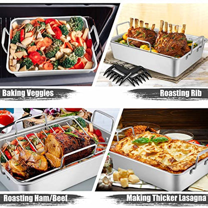TeamFar Roasting Pan, Large Turkey Roaster Pan Stainless Steel with V Rack & Cooling Rack, Beer Can Chicken Holder & Meat Claws for Shredding & Silicone Brush, Healthy & Dishwasher Safe - 7 Pcs