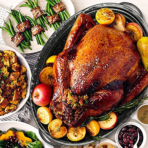 Granite Roasting Pan, Medium 15.7” Enameled Roasting Pan with Domed Lid. Oval Turkey Roaster Pot, Broiler Pan Great for Small Turkey, Chicken, Ham, Dishwasher Safe Fit for Roast Bird by Kendane