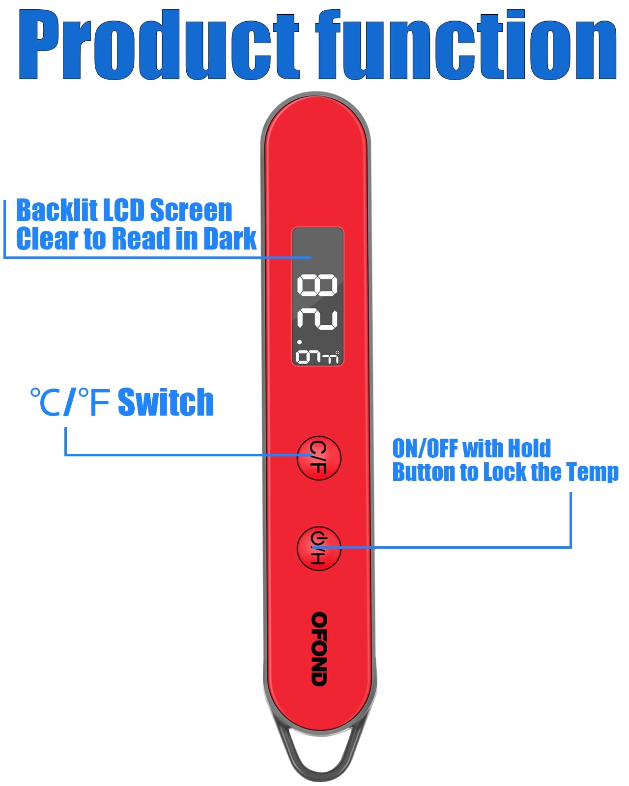 OFOND Meat Thermometer for Grill and Cooking, Instant Read Food Thermometer with LCD Backlight, Foldable Digital Probe, Steak Kitchen Thermometer for BBQ Oven Smoker, Store by Magnet & Hook (Red)