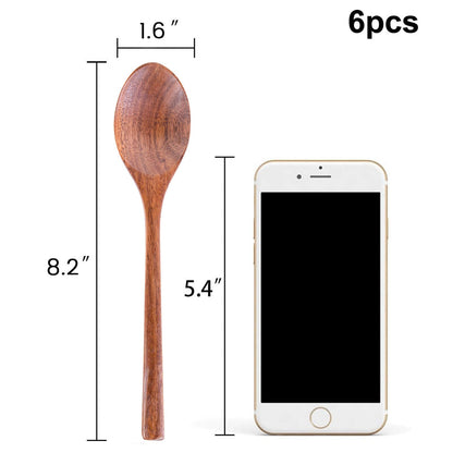 HAKSEN Wooden Spoons for Eating, 8.2 Inch Wood Mixing Soup Spoon with Long Handle for Korean Food Daily Meal Stirring Sauce Coffee, 6PCS