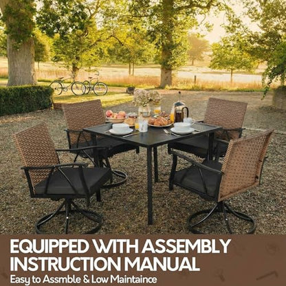 Andehomy 5-Piece Patio Dining Set for 4，Outdoor Dining Set with Wicker Swivel Patio Dining Chairs with Cushions & 1 Black Square Woodgrain Dining Table with 1.75”Market Umbrella Hole, Black & Brown