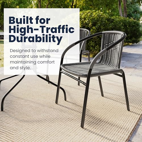 Flash Furniture 5-Piece 28" Square Indoor/Outdoor Patio Table and Chairs Set, Glass Metal Bistro Table and 4 Stacking Rattan Chairs, Gray