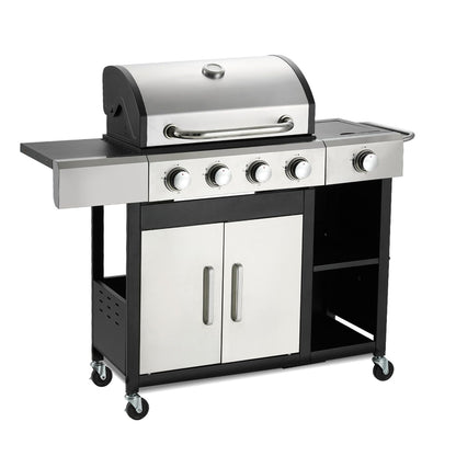 4-Burner Propane Gas Grill with Side Burner & Cabinet - 49,000 BTU Stainless Steel BBQ Grill, Porcelain-Enameled Cast Iron Grates for Outdoor Cooking, Patio & Backyard