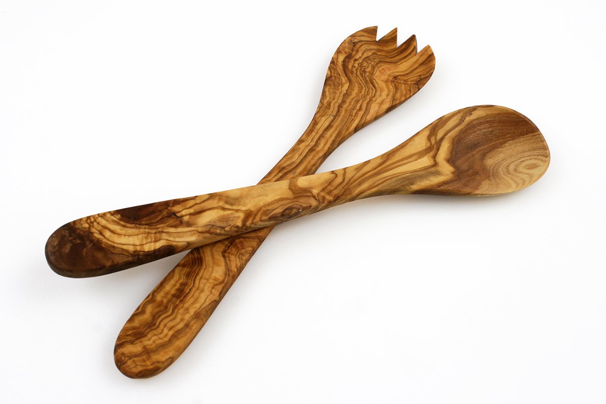 Tramanto Olive Wood Salad Server Set - 12 Inch Wooden Tongs - Rustic French Style