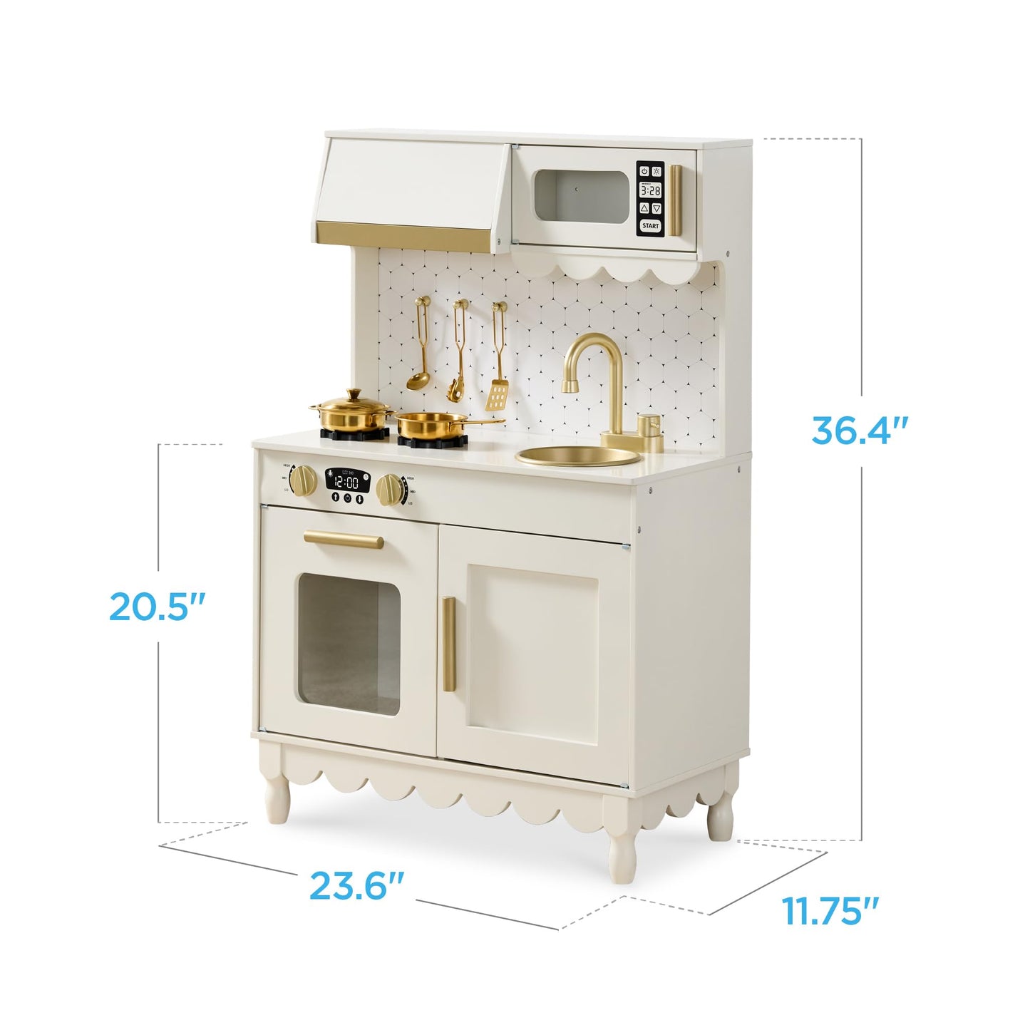 Best Choice Products Wooden Pretend Play Cottage Kitchen Kids Toy w/Storage, Scalloped Edge, 5 Accessories, Microwave, Oven, Clicking Knobs - Cream