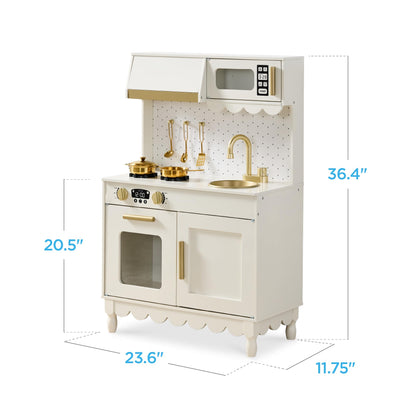 Best Choice Products Wooden Pretend Play Cottage Kitchen Kids Toy w/Storage, Scalloped Edge, 5 Accessories, Microwave, Oven, Clicking Knobs - Cream