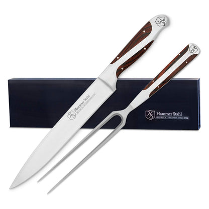 German Forged High Carbon Stainless Steel Carving Knife and Fork Set | Professional Meat Carving Set with Ergonomic Pakkawood Handle
