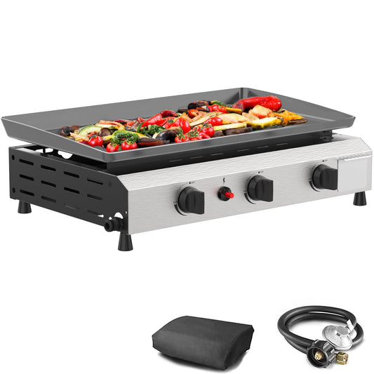 SKOK 3 Burner Gas Griddle- 23.3 Inch Outdoor Propane Griddle- 30000 BTU Propane Fuelled, Portable Flat Top Gas Grill Camping Griddle Station for Kitchen, Outdoor BBQ, Camping