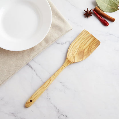 Olive Wood Cooking Utensils, 12 Inch Long Handle Wood Spoons, 3 PCES Crafting Wooden Spoon Set - Includes Turner, Spoon, Pasta Server, Essential Wooden Utensil Set