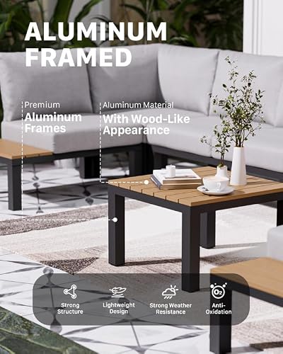 ZANDOR 7 Pieces Aluminum Outdoor Patio Furniture Set, Movable Backrest Modular Sectional Sofa Set, Metal Conversation Set with 4-inch Thick Cushion for Garden Backyard Porch, Grey