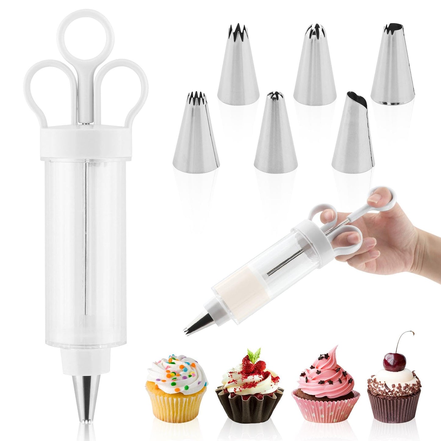 CALIDAKA Dessert Decorating Syring-e Set, Cupcake Frosting Filling Injecto-r with 6 Icing Nozzles,Cake Decorating Gu-n,Cream Piping Syring-e Nozzles Kits for DIY Cake Decorator, White