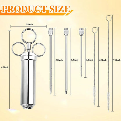 PEOUWNES 304-Stainless Steel Meat Injector Syringe Kit with 3 Marinade Needles for BBQ Grill Smoker, Turkey, Beef, Brisket, Fish, 2-oz Large Capacity, Silicone Brush and Cleaning Brush
