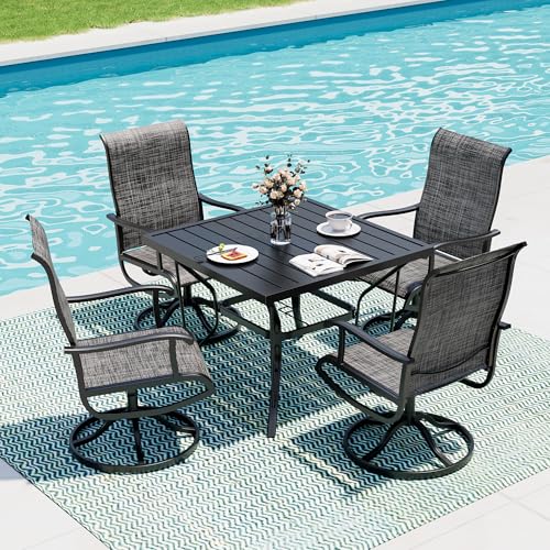 PATIOPIA 5-Piece Outdoor Dining Set, All Weather Patio Table and Chairs Set with Umbrella Hole for 4, Outdoor Table and 4 Textilene Swivel Chairs for Backyard, Poolside, Deck, Grey