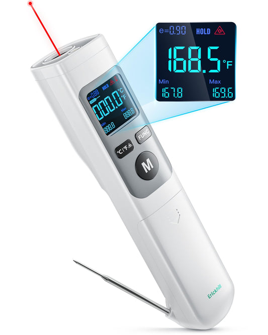 ERICKHILL Infrared Thermometer Gun, Heat Temp Temperature Gun with Meat Probe 2-in-1, Digital IR Laser Thermometer Gun for Cooking, Pizza Oven, Meat, Griddle, Grill, HVAC