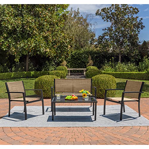 Devoko 4 Pieces Patio Furniture Set Outdoor Garden Patio Conversation Sets Poolside Lawn Chairs with Glass Coffee Table Porch Furniture (Yellow)