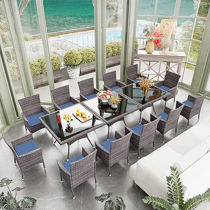RTDTD 15 Pieces Outdoor Patio Dining Set,Patio Table and Chairs Rattan Outdoor Patio Furniture Set with Umbrella Hole,Dining Table Set for 12 with Chairs for Backyard,Garden and Kitchen,Navy Blue