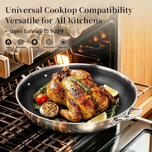 DELUXE Hybrid Ceramic Nonstick 14-Inch Frying Pan with Stainless Steel Lid, Dual Stay-Cool Handles, Dishwasher-Safe, Induction Ready, Compatible with All Cooktops