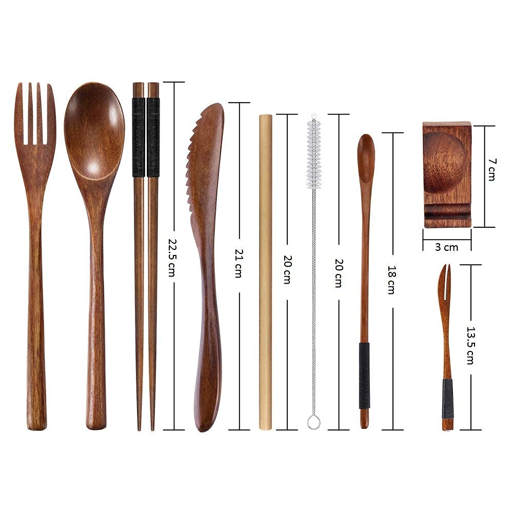 Wooden Utensil Flatware Set Reusable Utensils Travel Cutlery Set for Eating with Case, 10 Pcs Wooden Spoon and Fork Set Bamboo Flatware Set