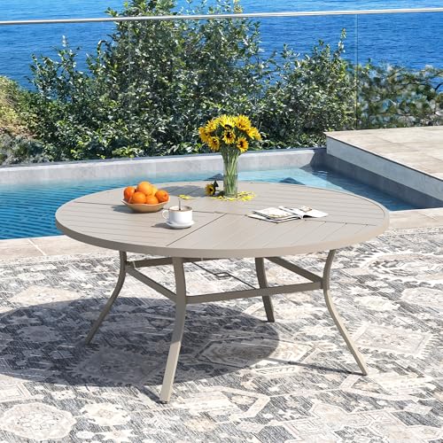DIFY 9 Pieces Outdoor Patio Dining Set for 8, 53.1" Sandshell Round Metal Dining Table and 8 Sandshell Stackable Sling Dining Chairs, Outdoor Table and Chairs for Lawn Garden Backyard Deck