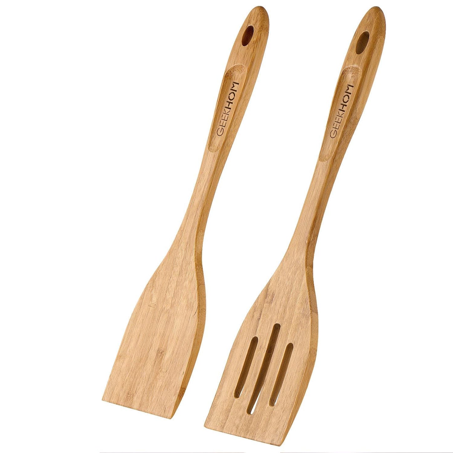 GEEKHOM Bamboo Spatulas for Nonstick Cookware, 13 Inch Wooden Kitchen Utensils, 2 Pack Wooden Spatula for Cooking, Slotted Wok Turners, Flipper for Pancake, Fish, Egg