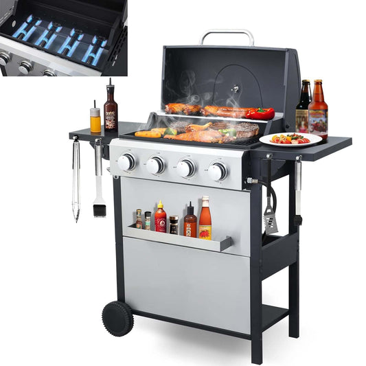 4-Burner Propane Gas Grill with 2 Foldable Side Tables, 34,200 BTU Outdoor BBQ Grill with Porcelain-Enameled Flame Tamers, Built-in Thermometer, Easy Assembly for Patio, Backyard BBQ