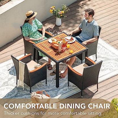 Devoko 5 PCS Furniture, Patio Conversation Set with Acacia Wood Top, Rattan Outdoor Dining Table and Chairs for Backyard, Garden, Deck, Black