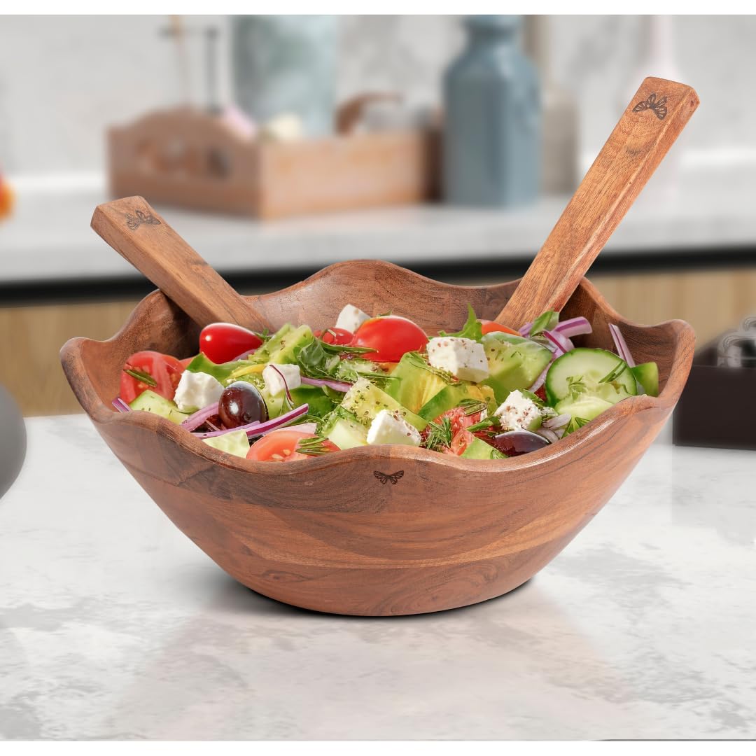 Melvvi Large Wooden Salad Bowl Set with 2 Small Bowls and 2 Serving Utensils | 12" & 6" Acacia Wood Bowls for Food | Great Gift for Kitchen & Dining (Natural Set of 5) (Natural Set of 3)