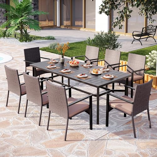 PHI VILLA 9 Piece Patio Dining Set, 83" Rectangular Table, Rattan Chairs
