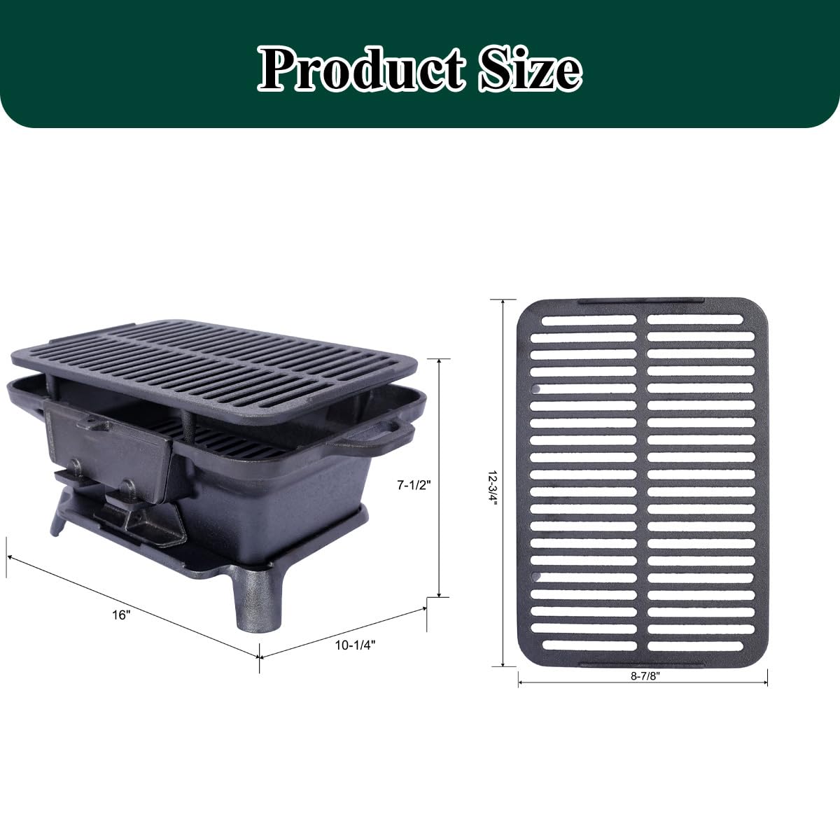 Cast Iron Hibachi Grill, Portable Charcoal Hibachi Grills, Compact Camping Charcoal Cooker for Tailgating, Picnics & Hunting (Rectangle)