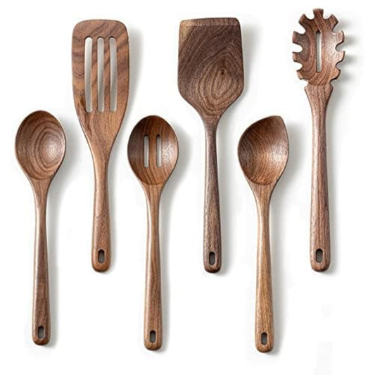 Gudamaye 12 inch Black walnut Wooden spoons for cooking, 6 PCES Long Handel Wooden Spoons, Natural Black walnut Wooden utensil for cooking, Wooden Kitchen Utensil set