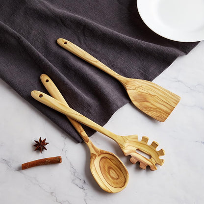 Olive Wood Cooking Utensils, 12 Inch Long Handle Wood Spoons, 3 PCES Crafting Wooden Spoon Set - Includes Turner, Spoon, Pasta Server, Essential Wooden Utensil Set