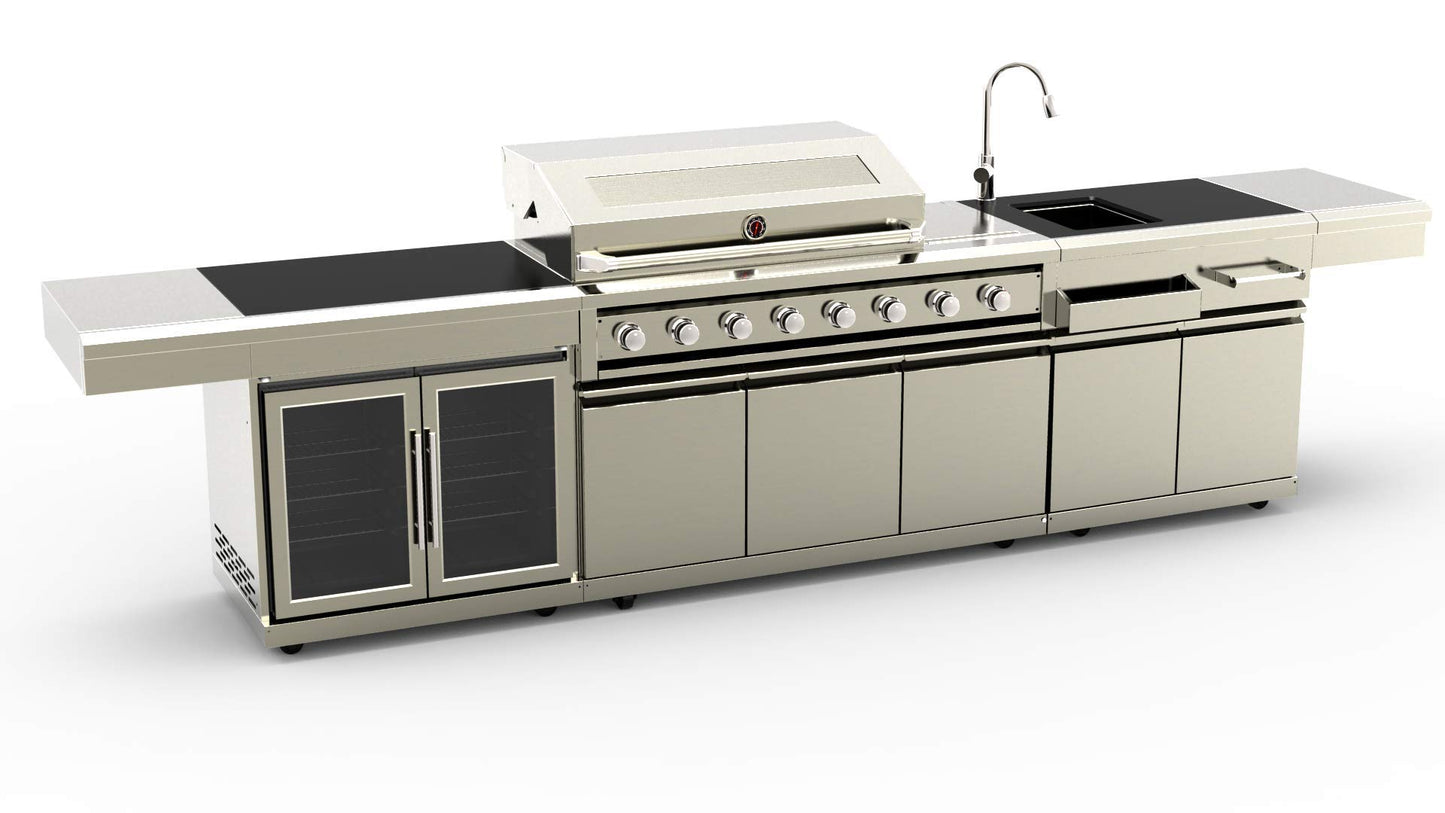 MCP Island Grills Modular 3 Piece Island Electric and Propane or Natural Gas BBQ Outdoor Stainless Steel Grill Kitchen, with Double Wine Refrigerator, Sink, Rotisserie, Black Marble Top and FREE Protective Canvas Cover, 08BF-DF